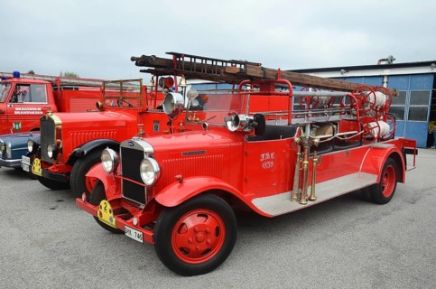 Volvo veteran fire truck built in 1933 at fire truck rally in Ystad, Skåne County, Sweden,