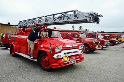 GMC veteran fire truck built in 1959 at a row of fire trucks at fire truck rally in Ystad, Skåne