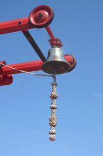 Bell on ladder on veteran fire truck in Ystad, Skåne County, Sweden, Scandinavia
