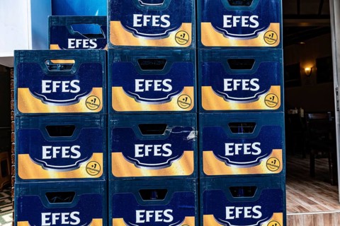 Istanbul, Turkey. September 21st 2021 Crates of Turkish Effes Beer stacked outside a Taksim Pub,