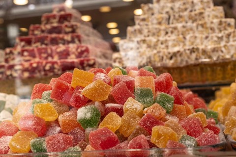 August 2nd 2021 Istanbul, Turkey Turkish Delight in a Shop Window Cafes, Bars and Restaurants in