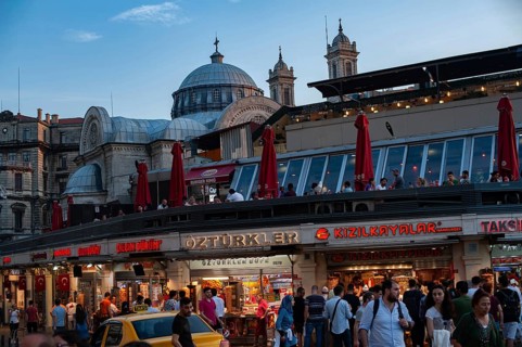 Istanbul, Turkey. June 7th 2019 Fast food and Donor Kebab Shops at Taksim Square on the European