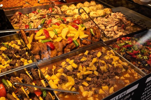 Istanbul, Turkey. August 3rd 2021 Trays of Mixed Traditional Turkish Food inside a Typical Turkish