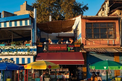 Istanbul, Turkey. October 3rd 2021 Cafe and restaurants beside the Golden Horn in Karakoy near the