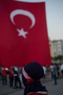 Istanbul, Turkey, July 17th 2016 Turkish Muslim Tayip Erdogan supporter at a pro Akp rally after an