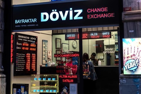 Istanbul, Turkey. October 5th 2021 Turkish currency exchange office on the busy shopping district,