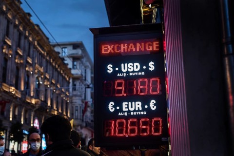 Istanbul, Turkey. October 18th 2021 Illuminated sign showing the Turkish Lira currency exchange