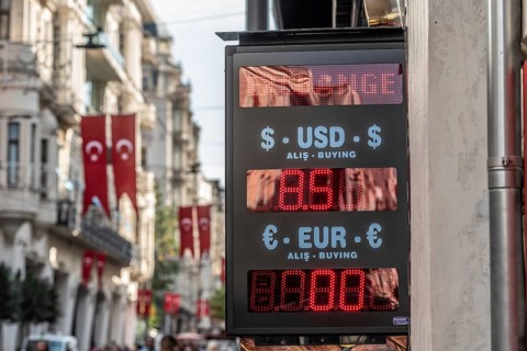Istanbul, Turkey. September 18th 2021 Turkish currency exchange office long Istiklal Street, Taksim