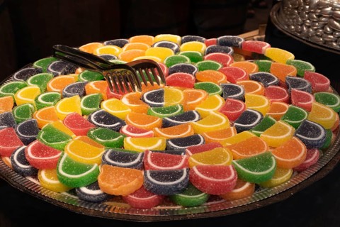 August 2nd 2021 Istanbul, Turkey Turkish Candy in a Shop Window Cafes, Bars and Restaurants in the