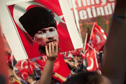 Taksim Square, Istanbul, Turkey. July 24th 2016 Portraits of Atatürk among Turkish flag waving