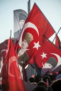 Taksim Square, Istanbul, Turkey. July 24th 2016 Turkish flag waving supporters after the Akp
