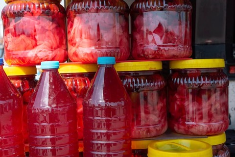 August 2nd 2021 Istanbul, Turkey Traditional Turkish Pickle Juice for sale at a street vendors