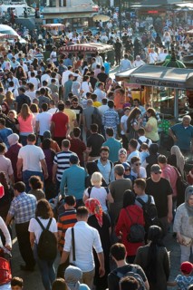 Istanbul, Turkey. June 7th 2019 A crowded Eminonu district on the banks of the Golden Horn on the