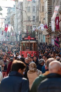 Istanbul, Turkey. November 30th 2019 A traditional Turkish tram along a crowded Istiklal street,