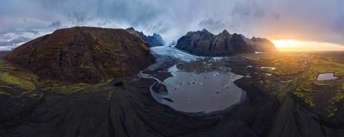 A breathtaking panoramic view of Vatnajokull National Park in Iceland, capturing dramatic