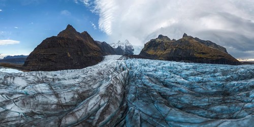 Stunning panoramic view of Vatnajokull National Park's glacier, capturing the rugged beauty of