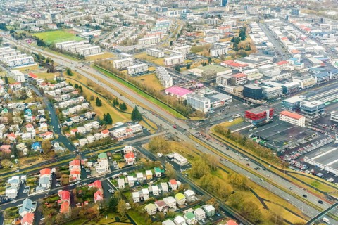 Aerial image of Reykjavik, Iceland, displaying a detailed urban layout with dense housing and