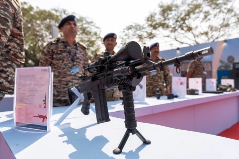 A precision rifle is showcased during a weapon exhibition by the Central Reserve Police Force at