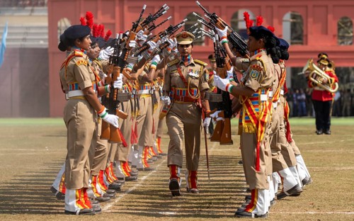 Women personnel of the Central Reserve Police Force (CRPF) perform a synchronised rifle drill