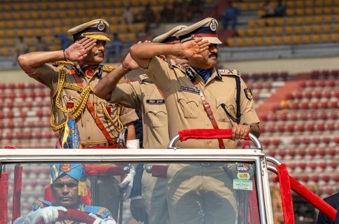 Gyanendra Pratap Singh, Director General (DG) of the Central Reserve Police Force (CRPF) inspects