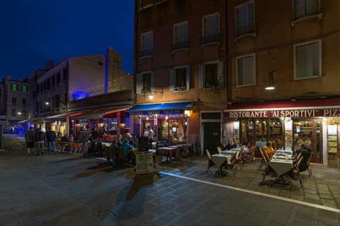 Restaurants and cafés in the evening, Venice, Veneto, Italy