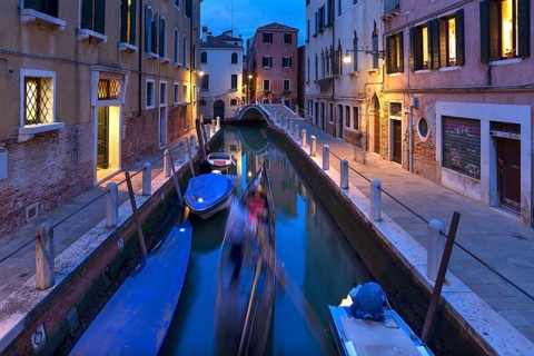 Gondola in the evening in a side canal in the Dorsoduro district, Venice, Veneto, Italy