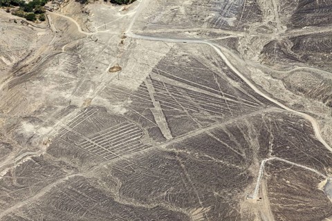 Large geoglyphs in the Nazca Desert visible from a bird's eye view, The geoglyphs and images in the