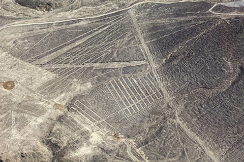 Line works of art in the vast desert landscape of the Nazca region, Peru, The geoglyphs and