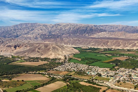 Diverse landscape with green fields and cityscape in front of a mountain panorama, The desert