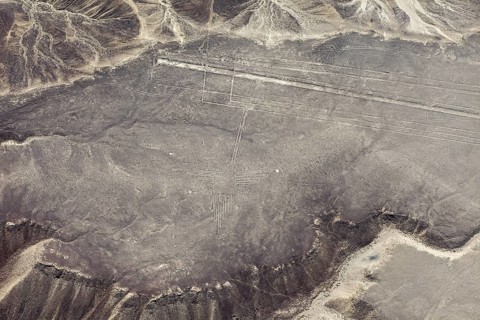 Aerial view of the Nazca Lines, with mysterious formations etched into the desert, the geoglyphs
