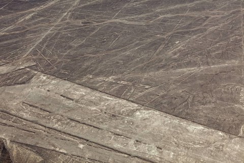 Dry desert area with the Nazca lines and simple geometric patterns, the geoglyphs and drawings in