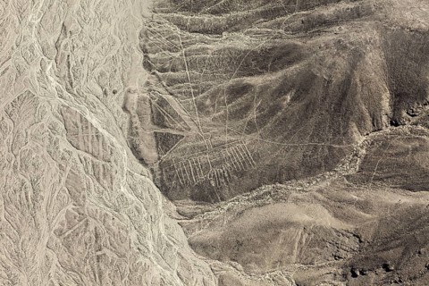 Aerial view of line patterns that run through the inhospitable desert landscape, the geoglyphs and