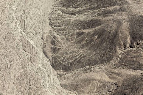 View of lines and geometric patterns drawing the barren landscape, the geoglyphs and drawings in