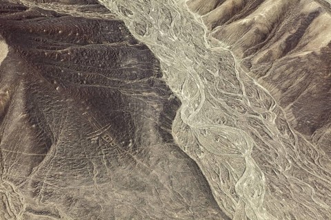 Dry desert hills with clear lines and patterns from the air, the geoglyphs and images in the desert