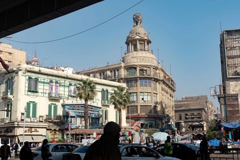 Cairo, Egypt. December 7th 2022 Busy Traffic crossing Attaba Square in front of the famous Tiring