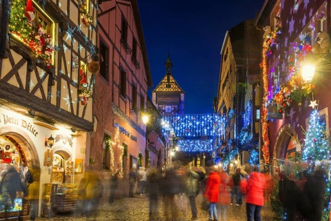 Colour-illuminated and Christmassy decorated half-timbered houses, blue hour, Christmas market,