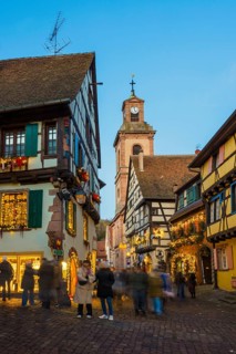 Colour-illuminated and Christmassy decorated half-timbered houses, blue hour, Christmas market,