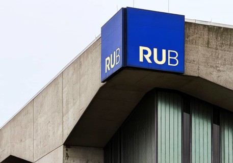 Ruhr-Universität Bochum, abbreviated RUB, with the logo on a university building, Bochum, North