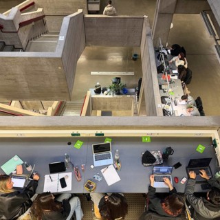 Students in the stairwell of the Ruhr University Library, abbreviated RUB, Bochum, Ruhr region,