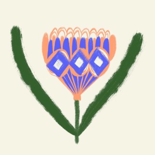 A vibrant digital illustration depicting a stylized spring flower with orange and blue petals, set