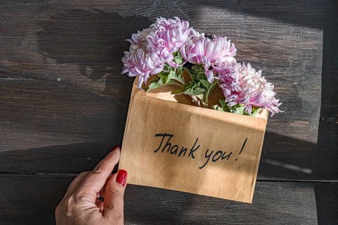 A hand holds a brown envelope with Thank you written on it, containing delicate pink chrysanthemums