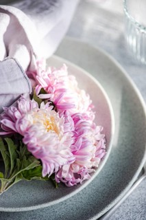 A close-up of pink chrysanthemums on a set table with pastel linen, evoking a serene and elegant
