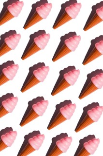 A repeating pattern of pink plastic ice cream cones on a white background symbolizes the