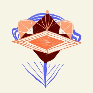 A unique illustration featuring a vibrant, organic geometric composition. Central elements include