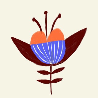 A vividly colored illustration of a stylized spring flower with orange and blue petals, set against