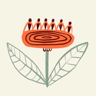 A stylized image of an abstract spring flower, rendered in warm pastel colors, featuring a unique