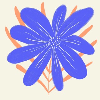 A vibrant digital illustration of a spring flower with blue petals and orange foliage on a neutral