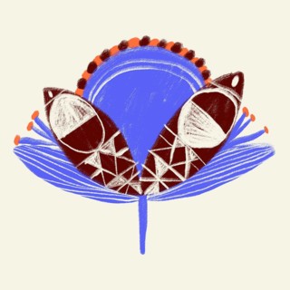 A vibrant digital artwork featuring stylized petals in blue and orange tones, centered with a bold