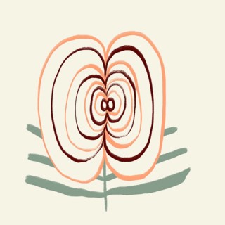 A minimalist digital artwork of a stylized spring flower depicted in soft pastel tones. The image