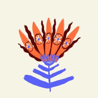 A vivid and artistic illustration of an orange spring flower with blue decorative elements